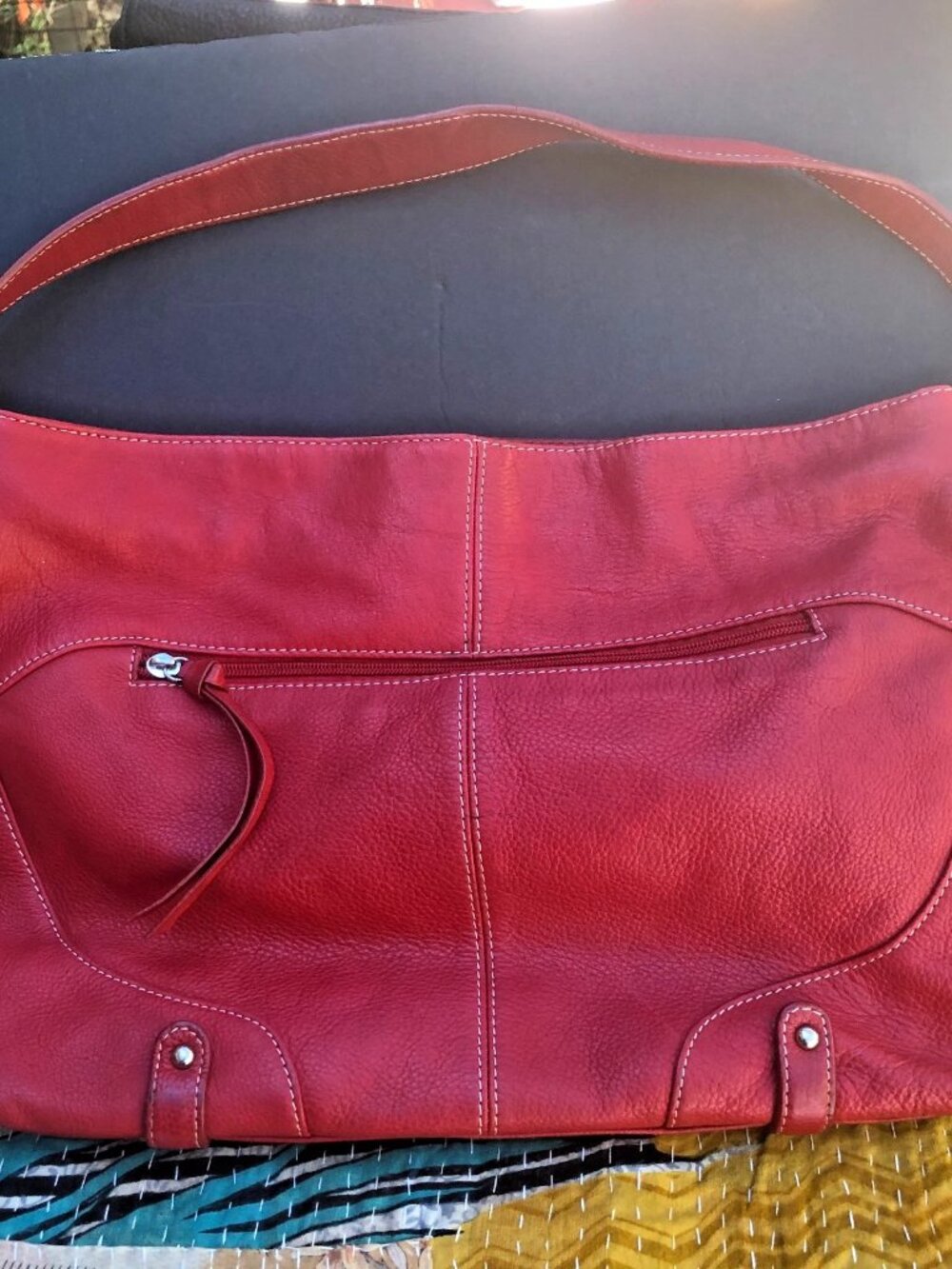 Tignanello Red Pebbled Leather Shoulder Bag Large Hobo Tote Purse Multi Pocket